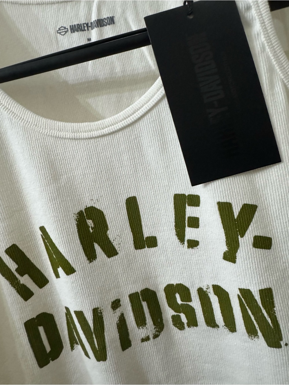 Harley-Davidson White Tank with Olive Green Logo Print